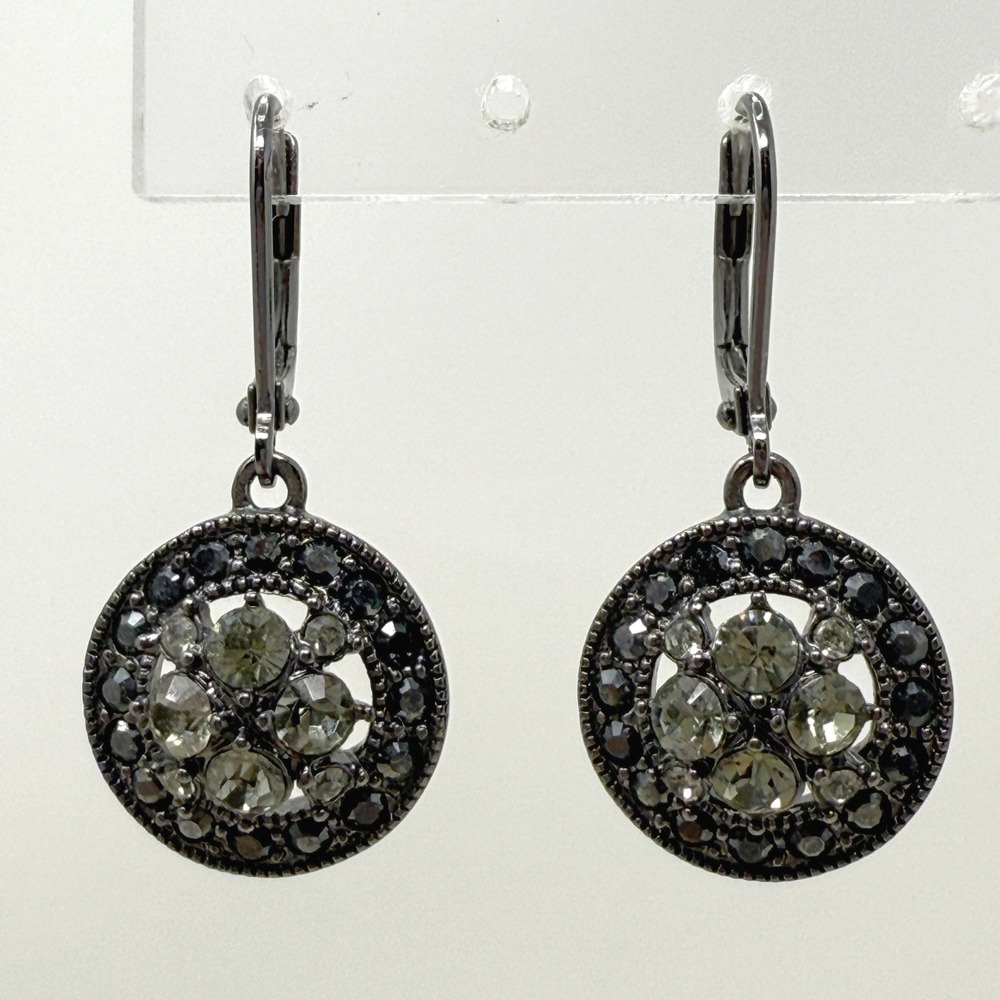 Givenchy Gunmetal Tone Drop Earrings‎ Round Crystal Embellished Lever Back